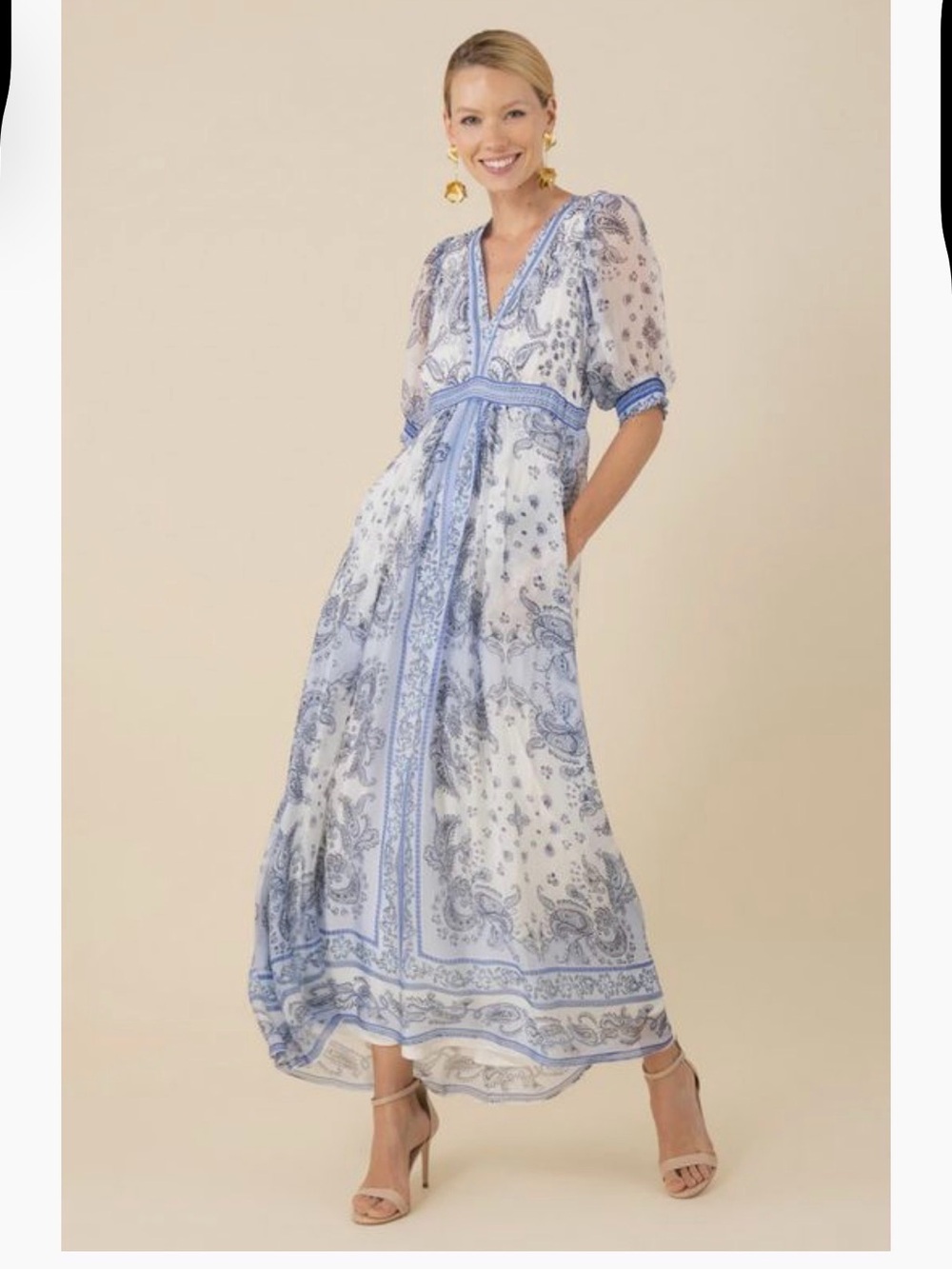 Hale Bob Blue and White Paisley V-Neck Maxi Dress